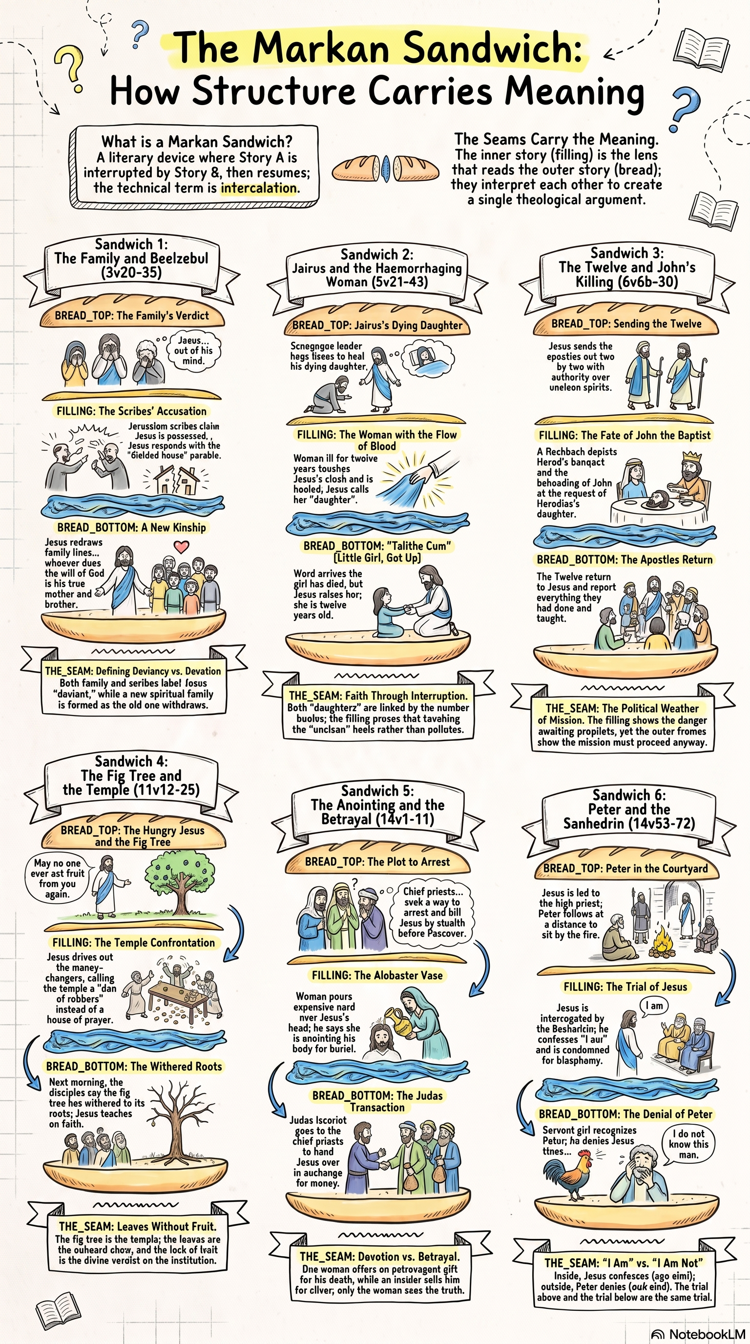 Markan sandwich infographic: six intercalations across Mark, each showing an outer story broken by an inner story that reads it back.