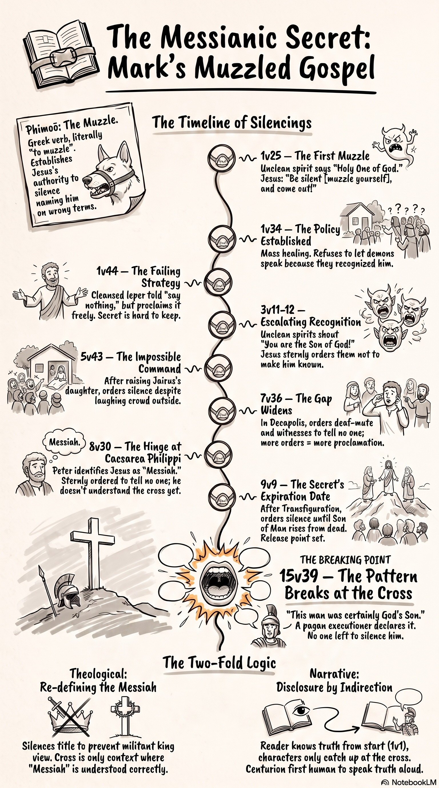 Messianic secret infographic: a timeline of nine silencings across Mark, from 1v25 to 9v9, ending with the pattern breaking at the centurion's confession in 15v39.