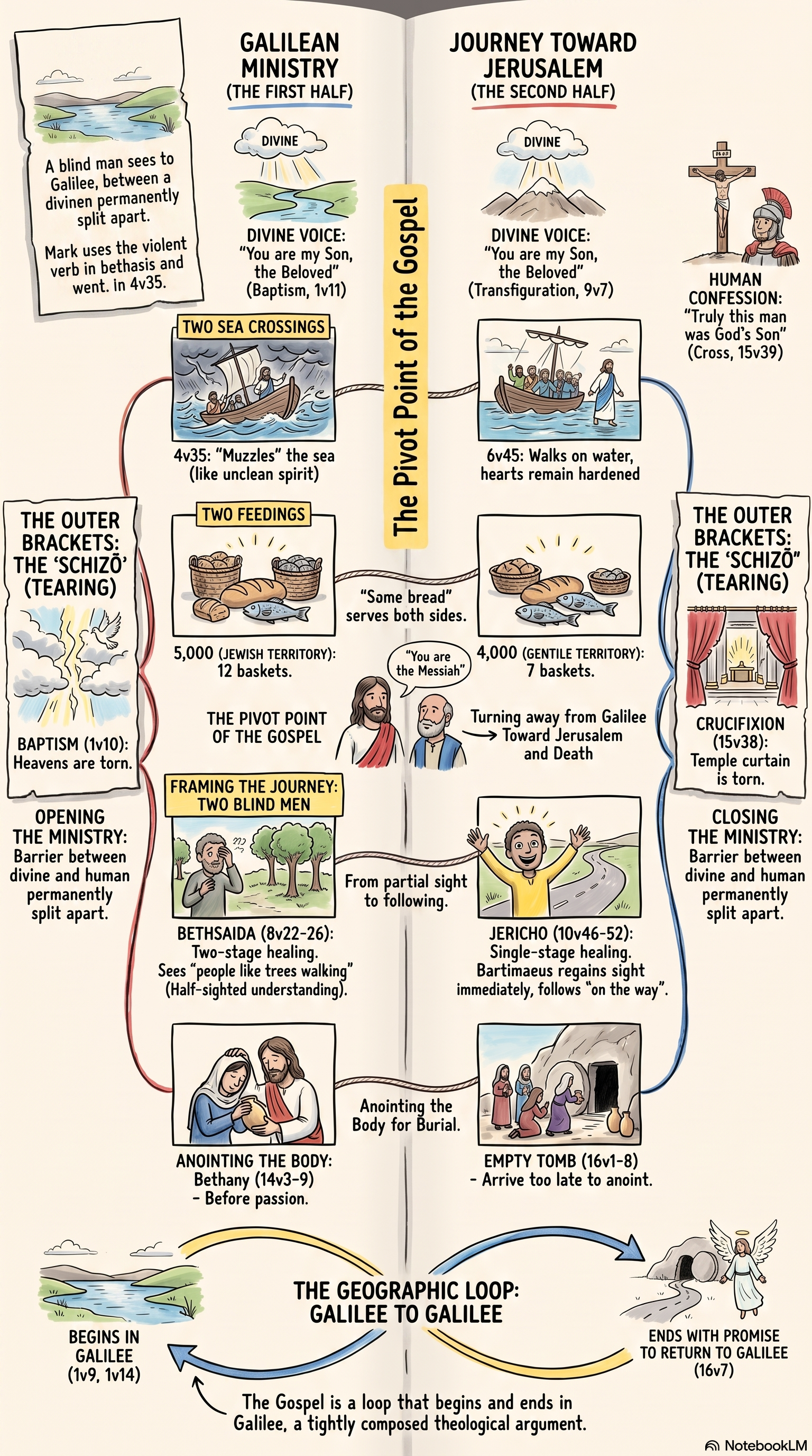Structural infographic — Mark's Gospel as two matching halves speaking across the Caesarea Philippi spine, with paired blind men, sea crossings, feedings, and tearings.